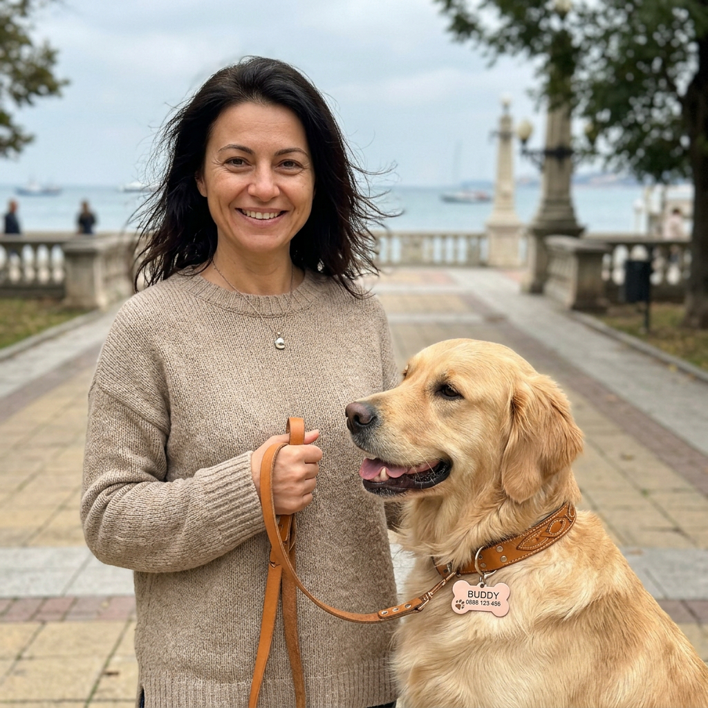 Елена с любимеца си и медальон от PuppyTag