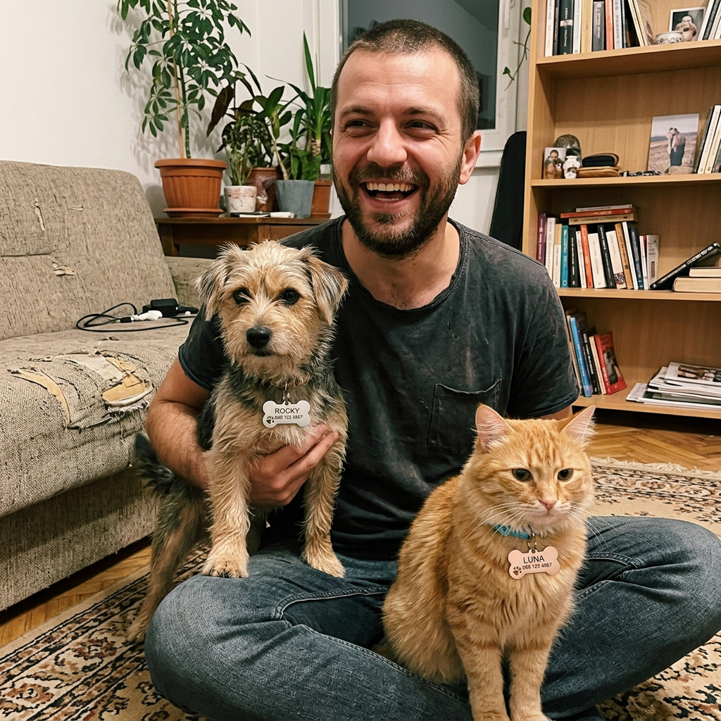 Георги с любимеца си и медальон от PuppyTag