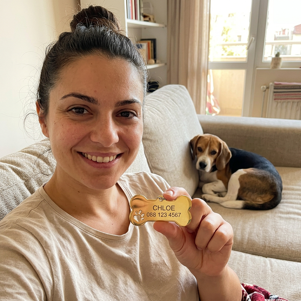 Мария с любимеца си и медальон от PuppyTag