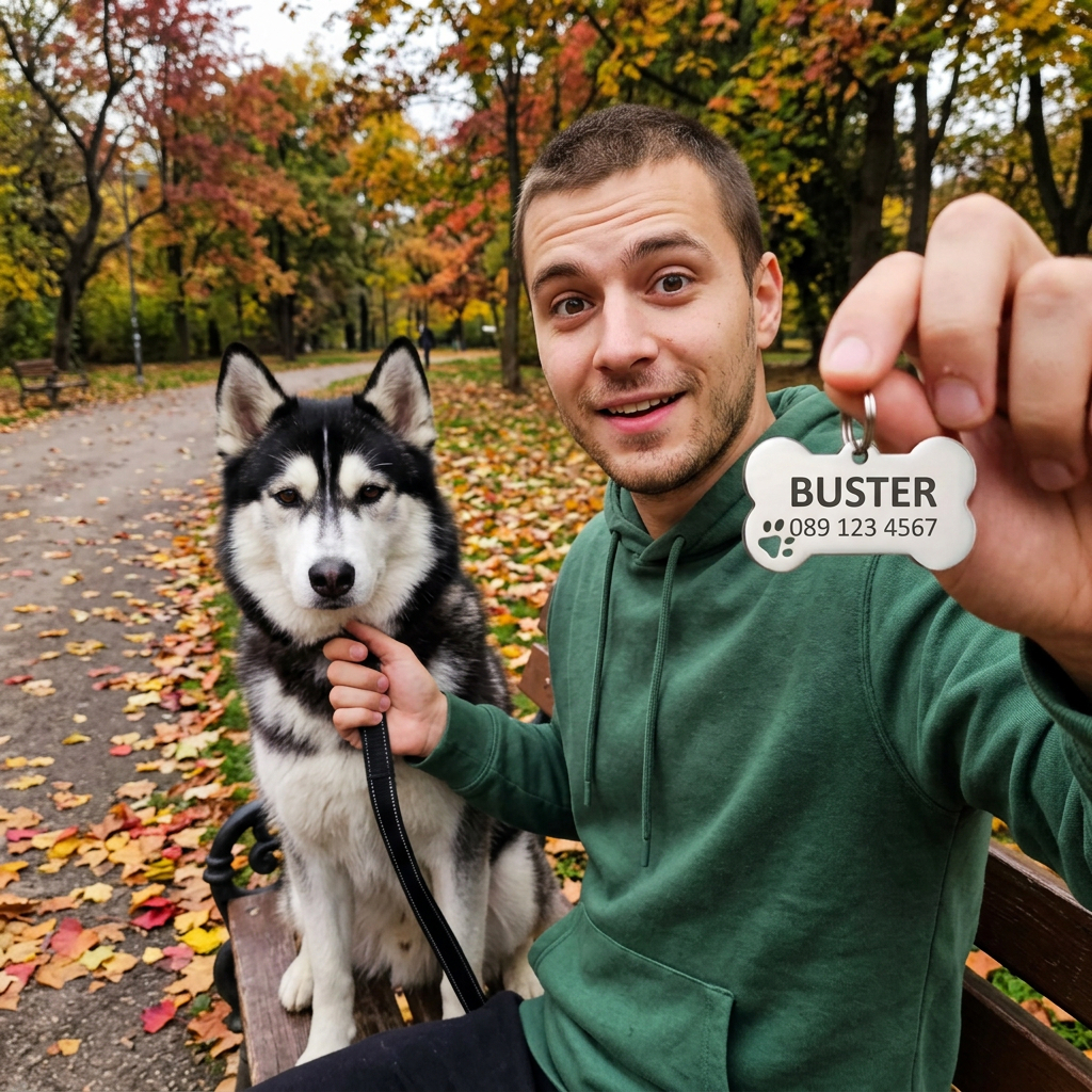 Никола с любимеца си и медальон от PuppyTag